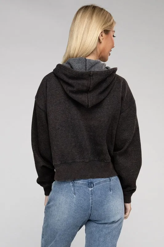 Acid Wash Fleece Cropped Zip-Up Hoodie *Online Only*