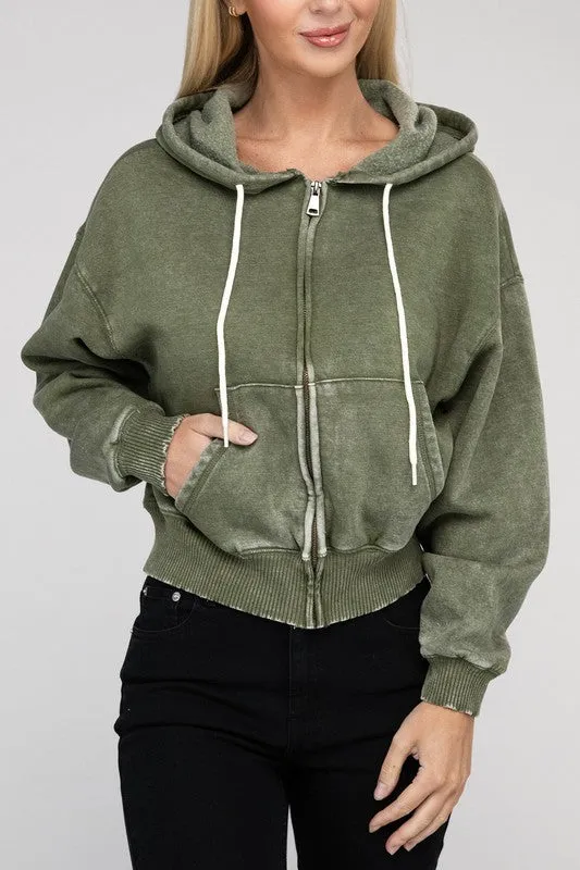 Acid Wash Fleece Cropped Zip-Up Hoodie *Online Only*