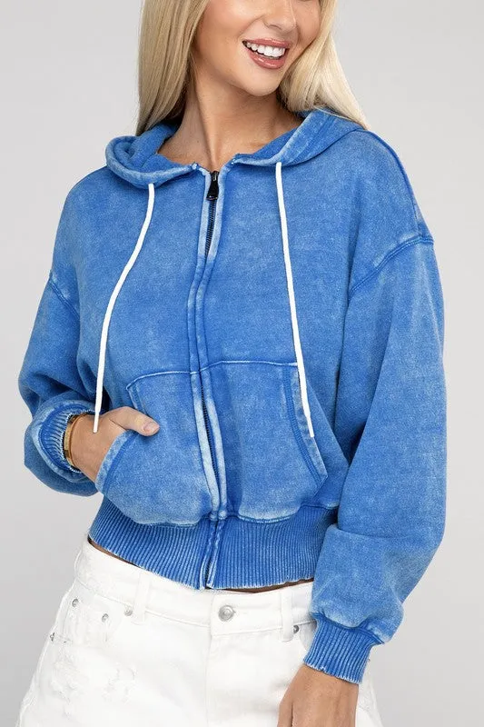 Acid Wash Fleece Cropped Zip-Up Hoodie *Online Only*