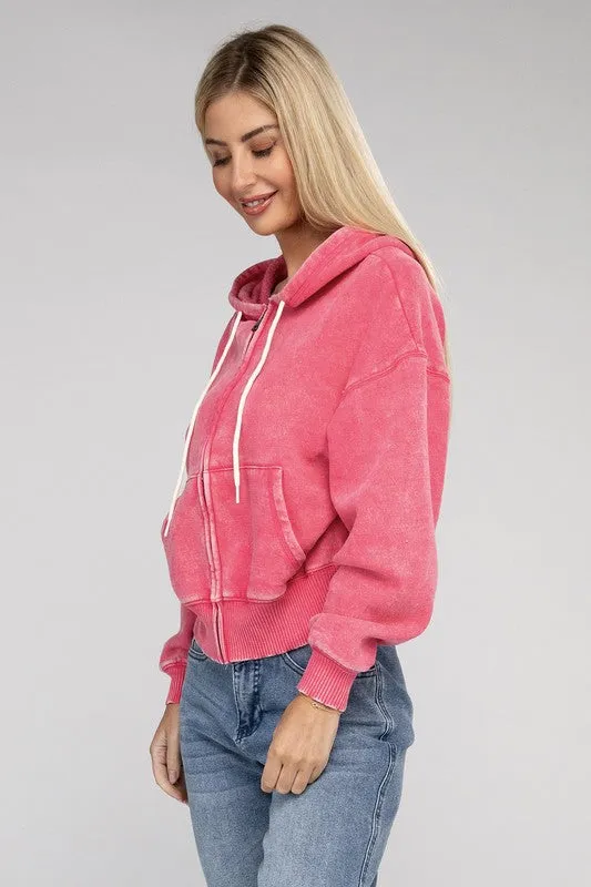 Acid Wash Fleece Cropped Zip-Up Hoodie *Online Only*