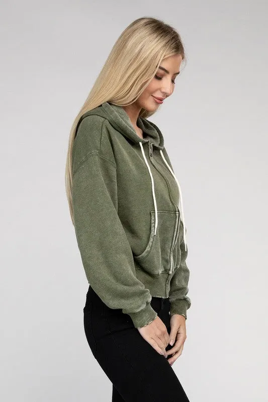 Acid Wash Fleece Cropped Zip-Up Hoodie *Online Only*