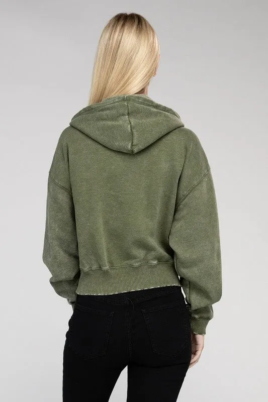 Acid Wash Fleece Cropped Zip-Up Hoodie *Online Only*