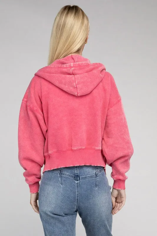 Acid Wash Fleece Cropped Zip-Up Hoodie *Online Only*