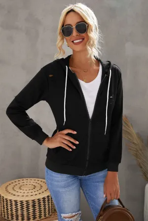 Distressed Zip Up Drawstring Detail Hoodie