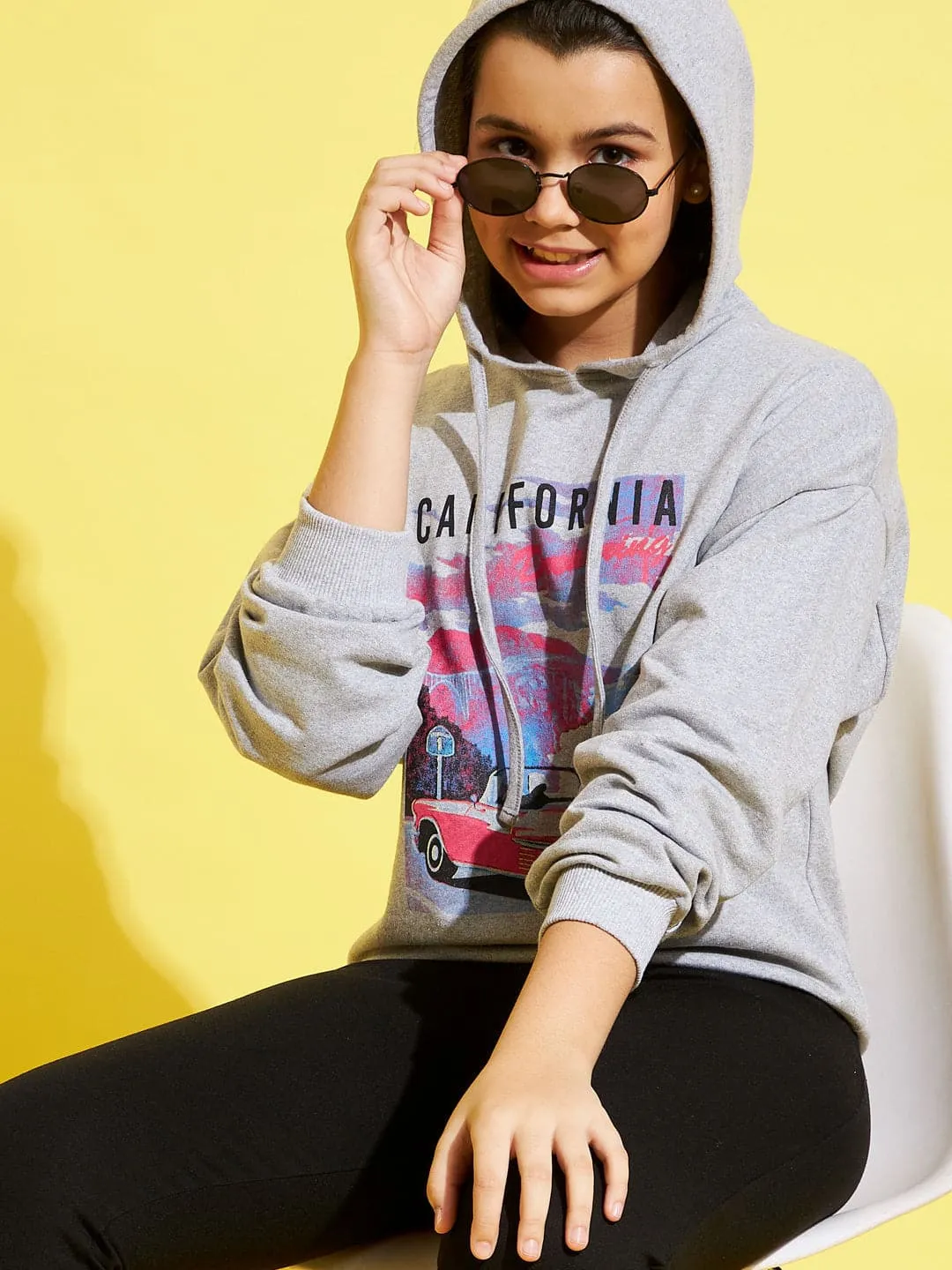 Girls Grey Mélange CALIFORNIA Drop Shoulder Hoodie