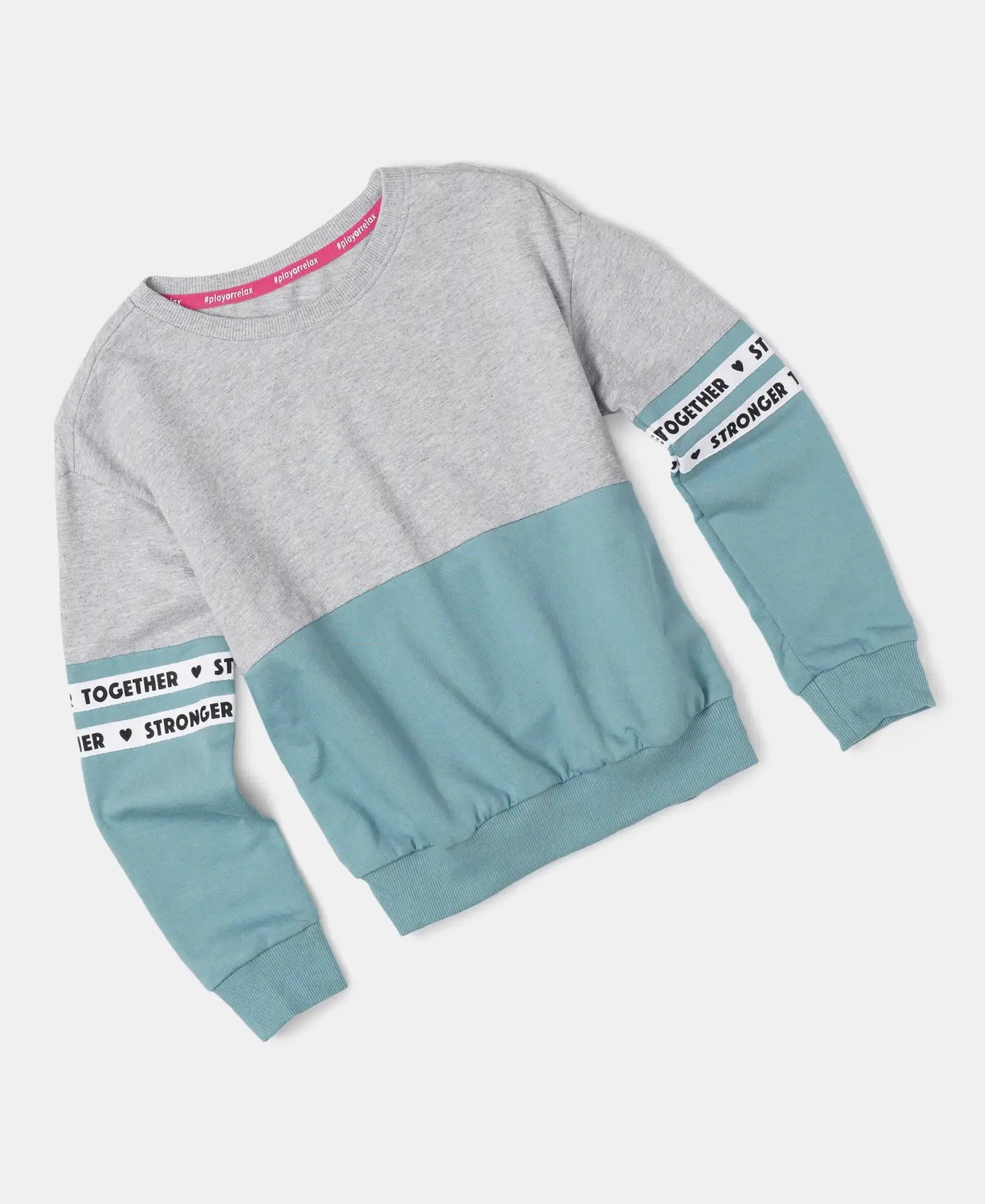 Girl's Super Combed Cotton French Terry Sweatshirt with Contrast Sleeve Taping - Mineral Blue