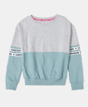 Girl's Super Combed Cotton French Terry Sweatshirt with Contrast Sleeve Taping - Mineral Blue