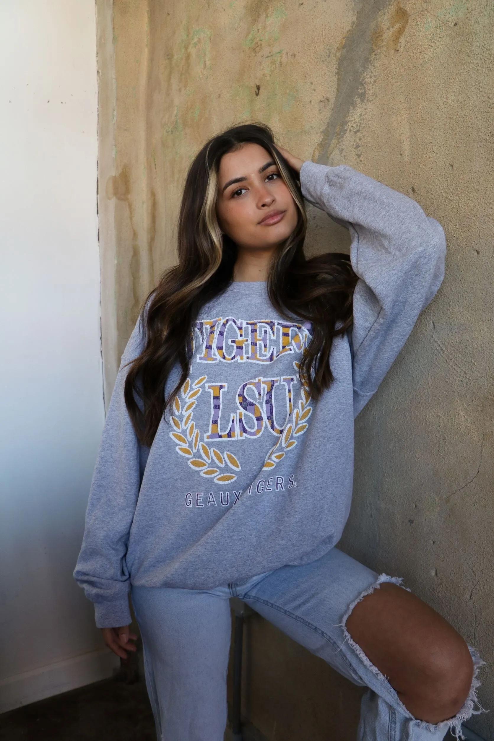 LSU Tigers Plaid Crest Gray Thrifted Sweatshirt