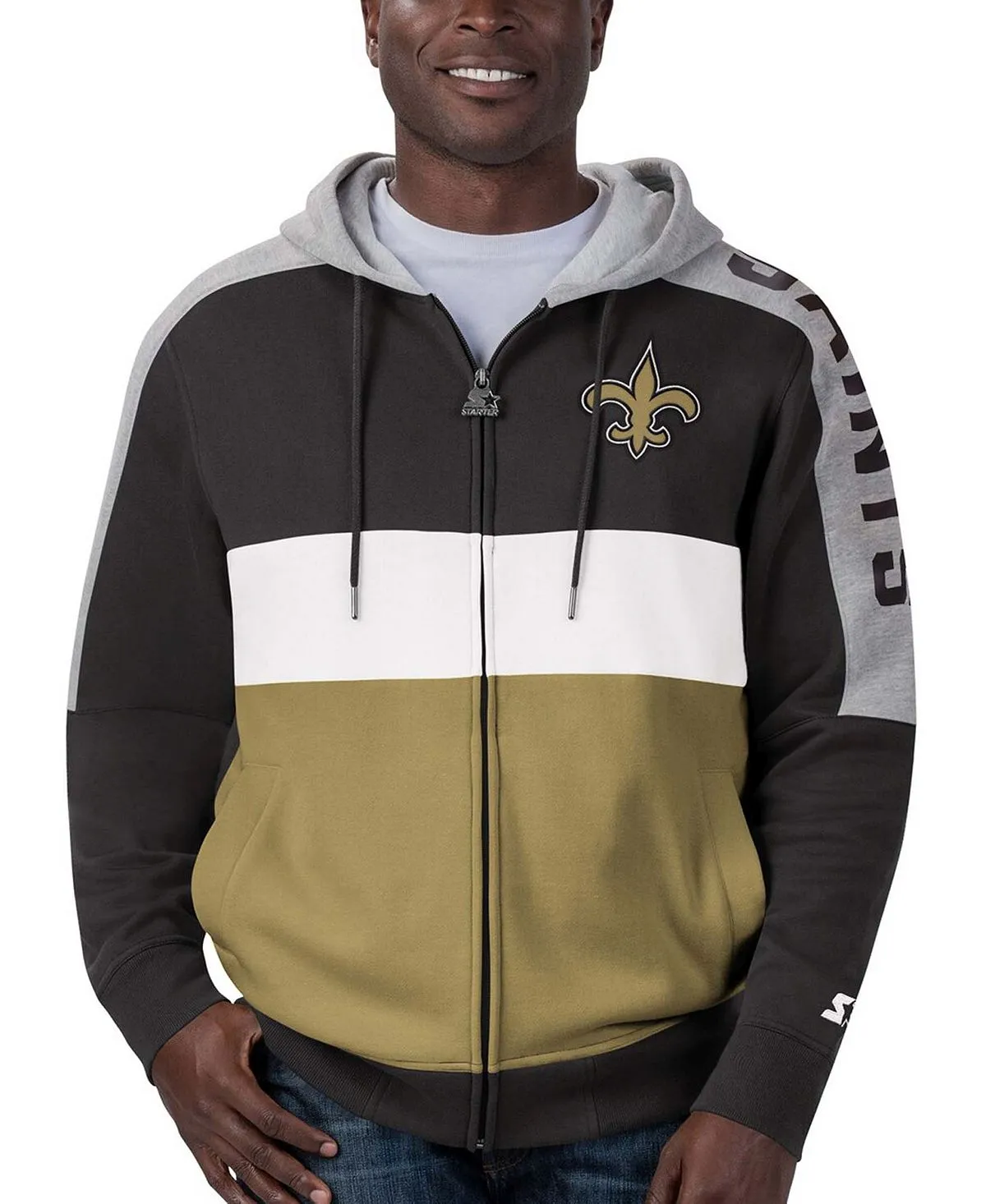 Men's black, gold new orleans saints playoffs color block hoodie with full zip Starter multi