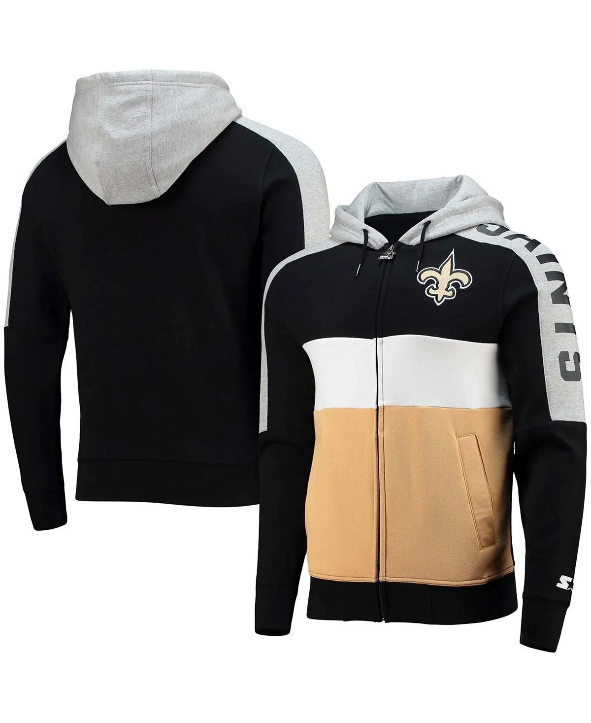 Men's black, gold new orleans saints playoffs color block hoodie with full zip Starter multi