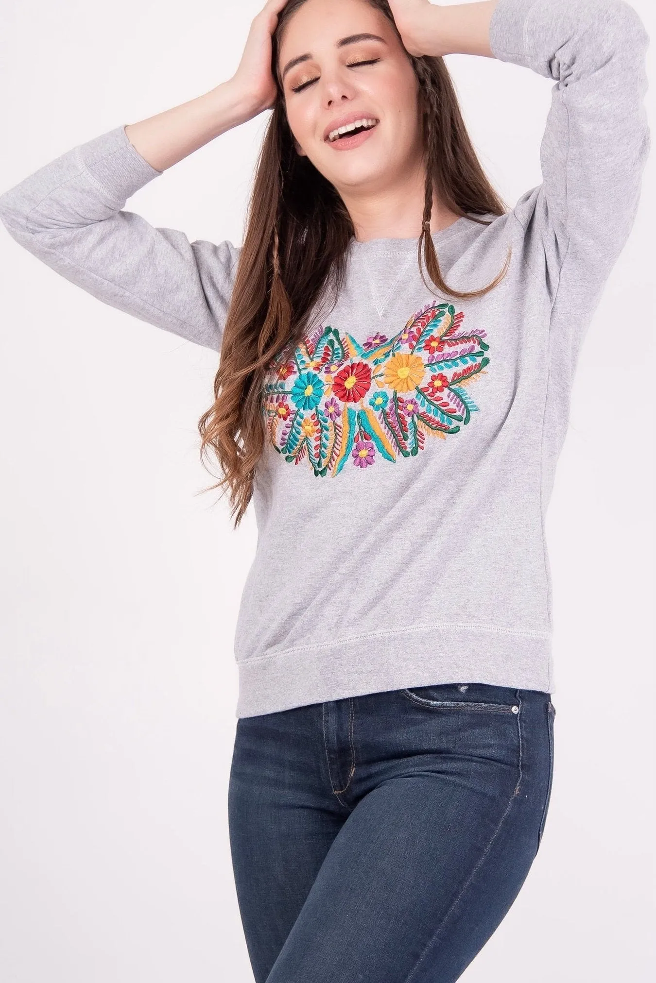 Mexican Floral Embroidered Sweatshirt Grey