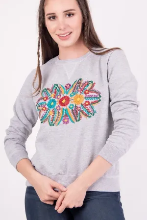 Mexican Floral Embroidered Sweatshirt Grey