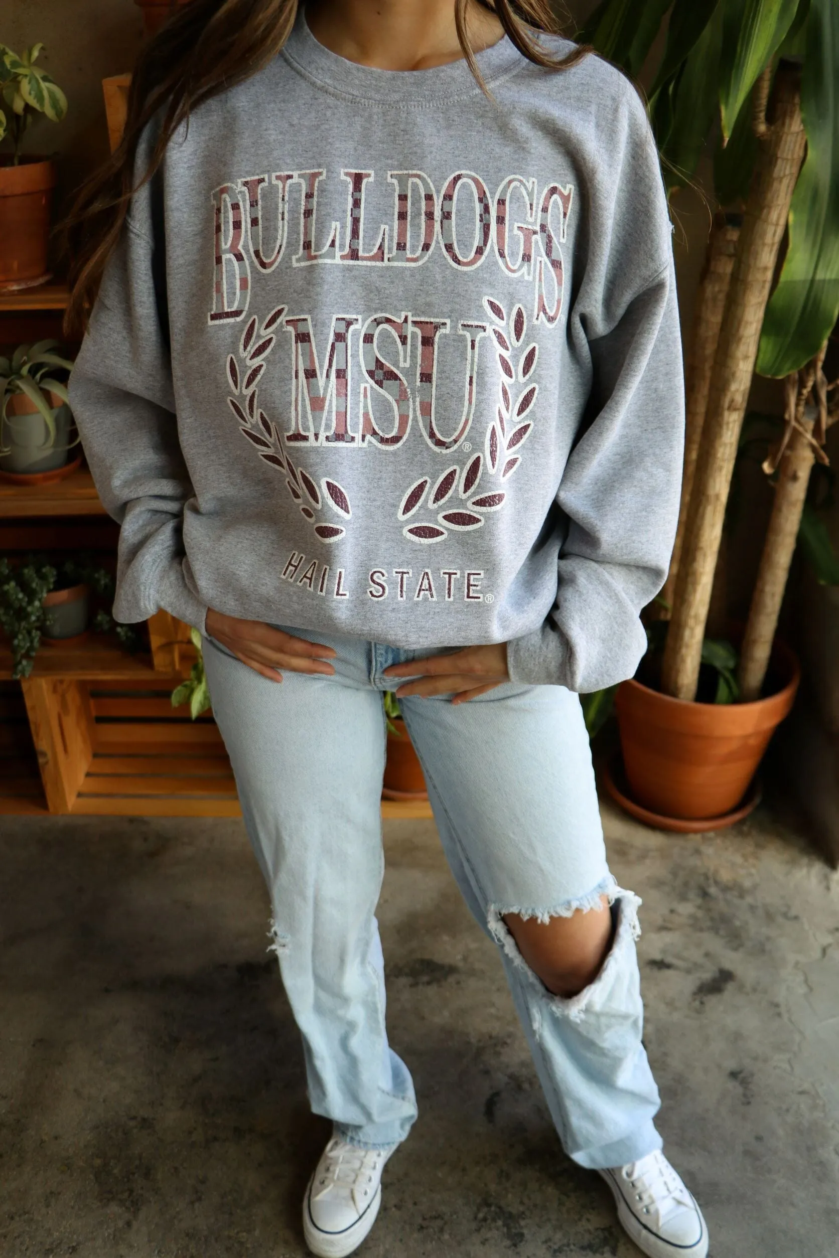 MSU Bulldogs Plaid Crest Gray Thrifted Sweatshirt