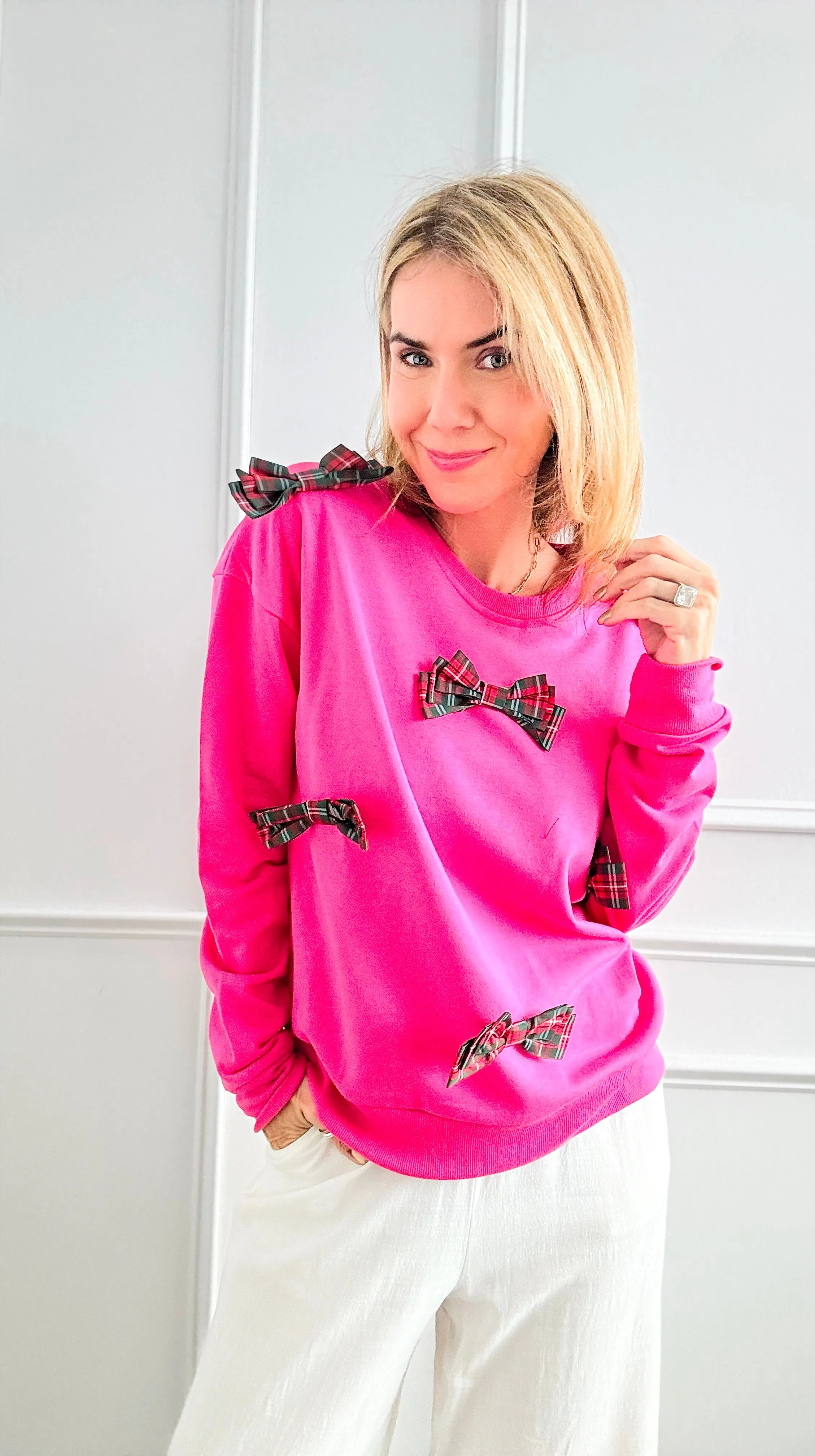 Multi Plaid Bow Sweatshirt - Fuchsia