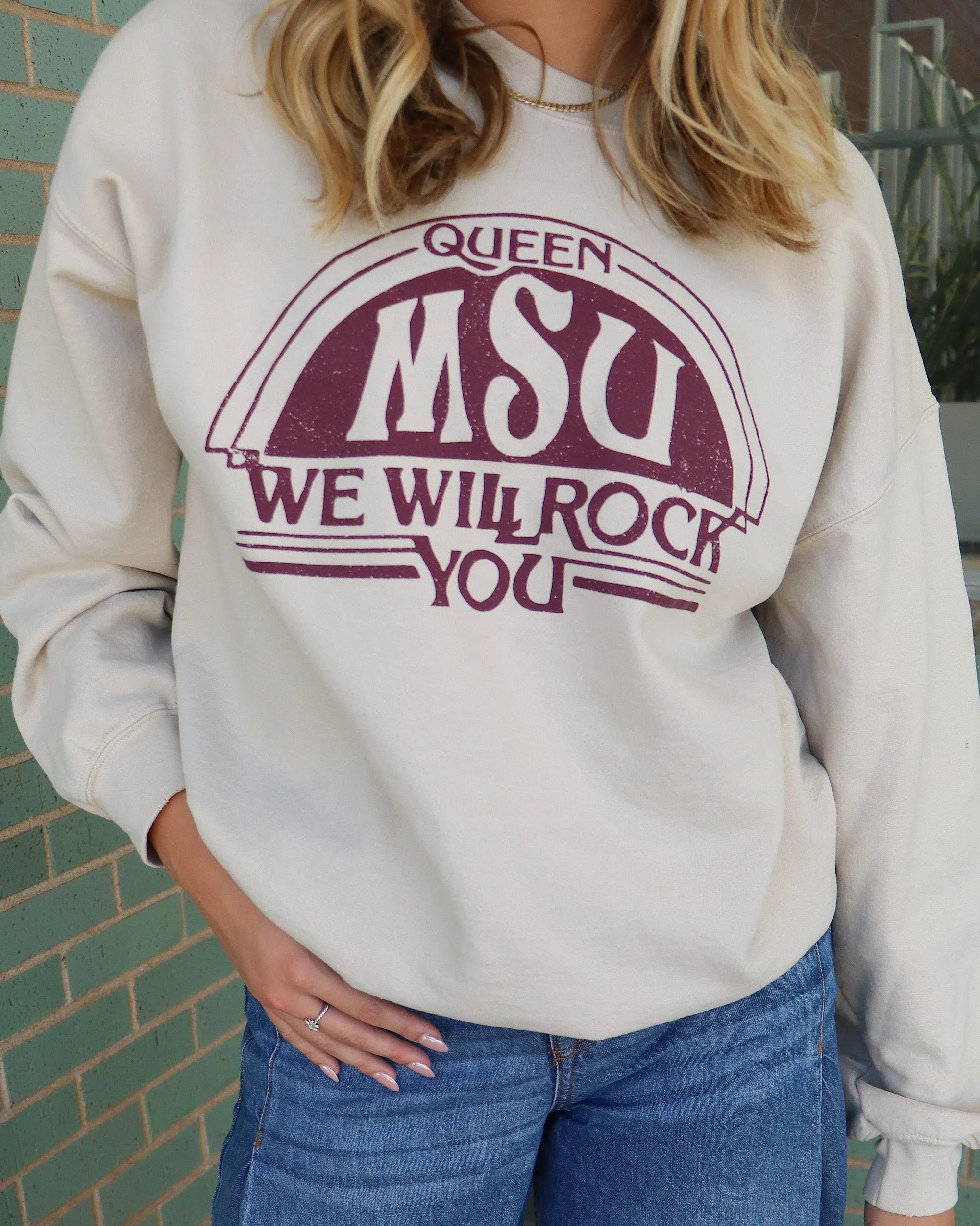 Queen MSU Bulldogs Will Rock You Sand Thrifted Sweatshirt