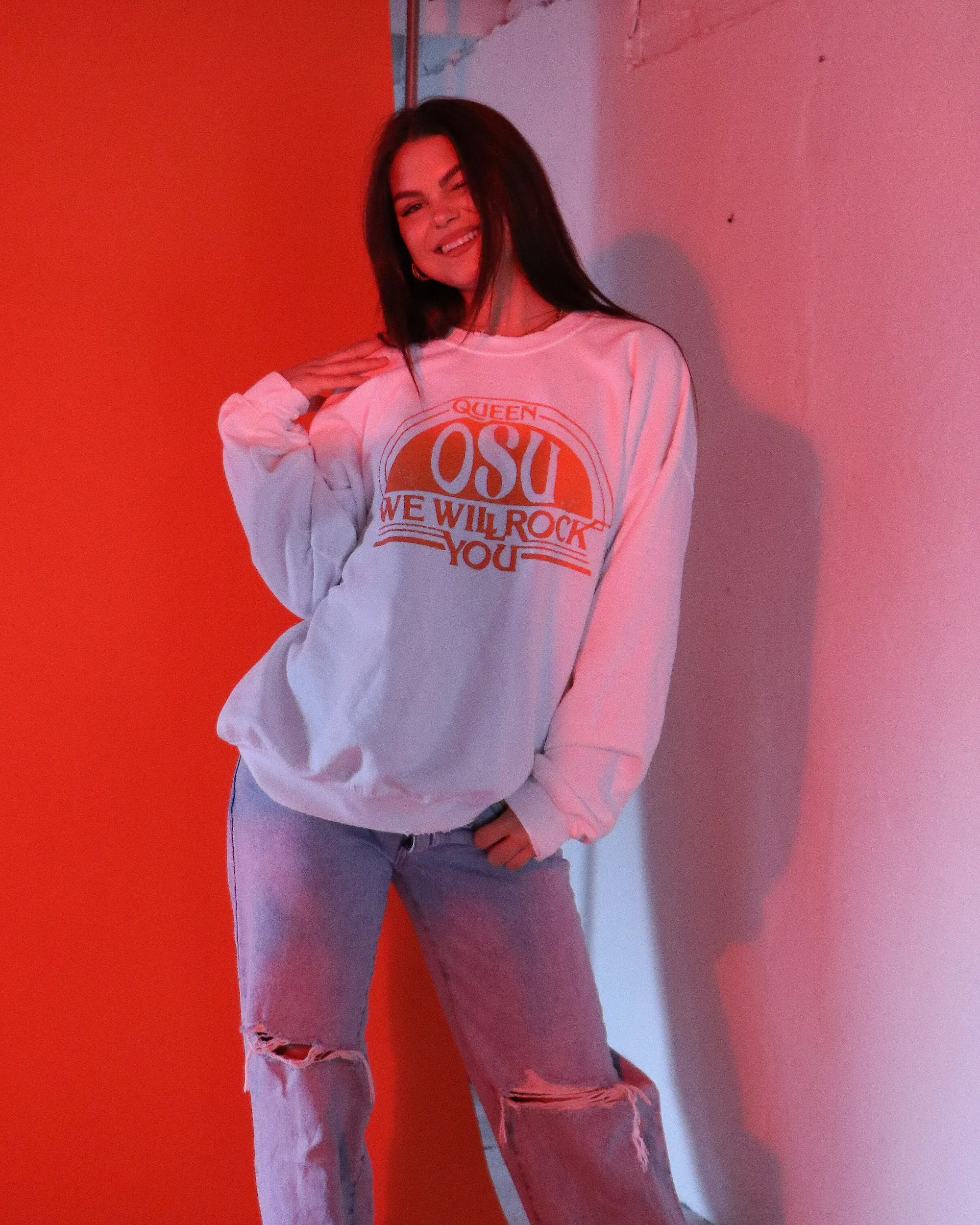 Queen OSU Cowboys Will Rock You White Thrifted Sweatshirt