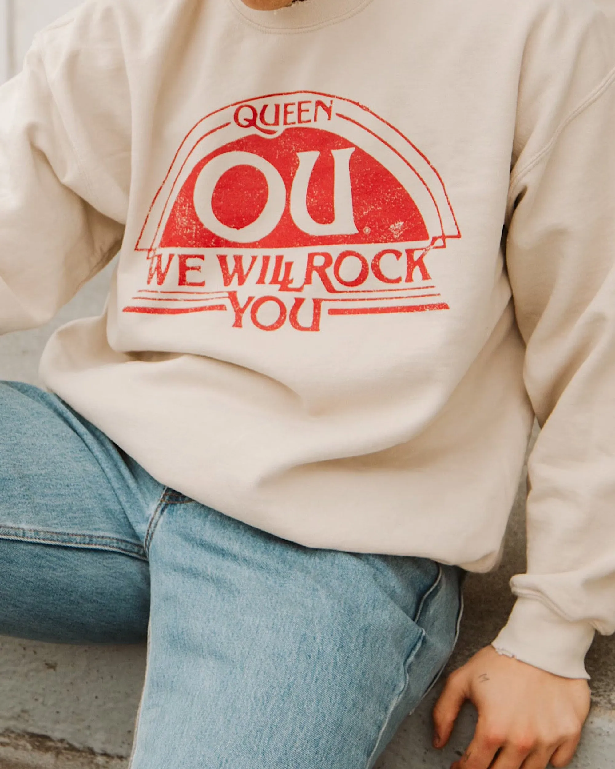 Queen Sooners Will Rock You Sand Thrifted Sweatshirt