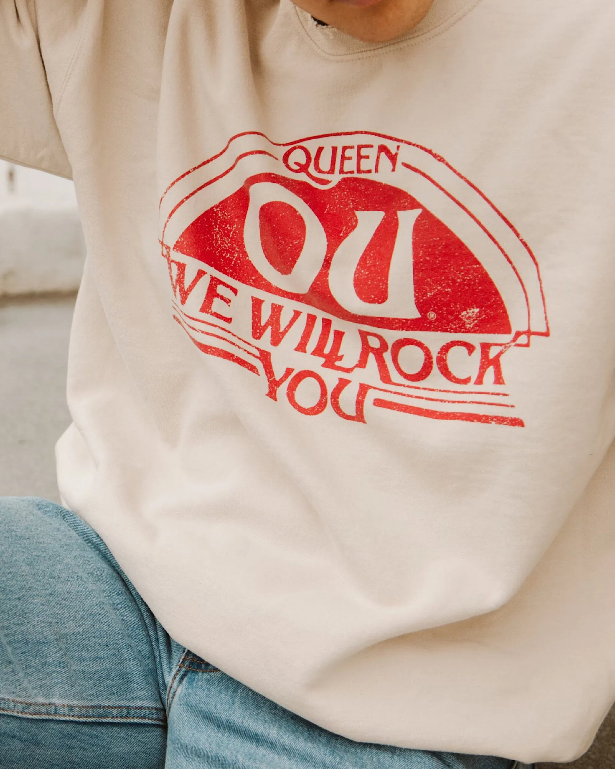 Queen Sooners Will Rock You Sand Thrifted Sweatshirt