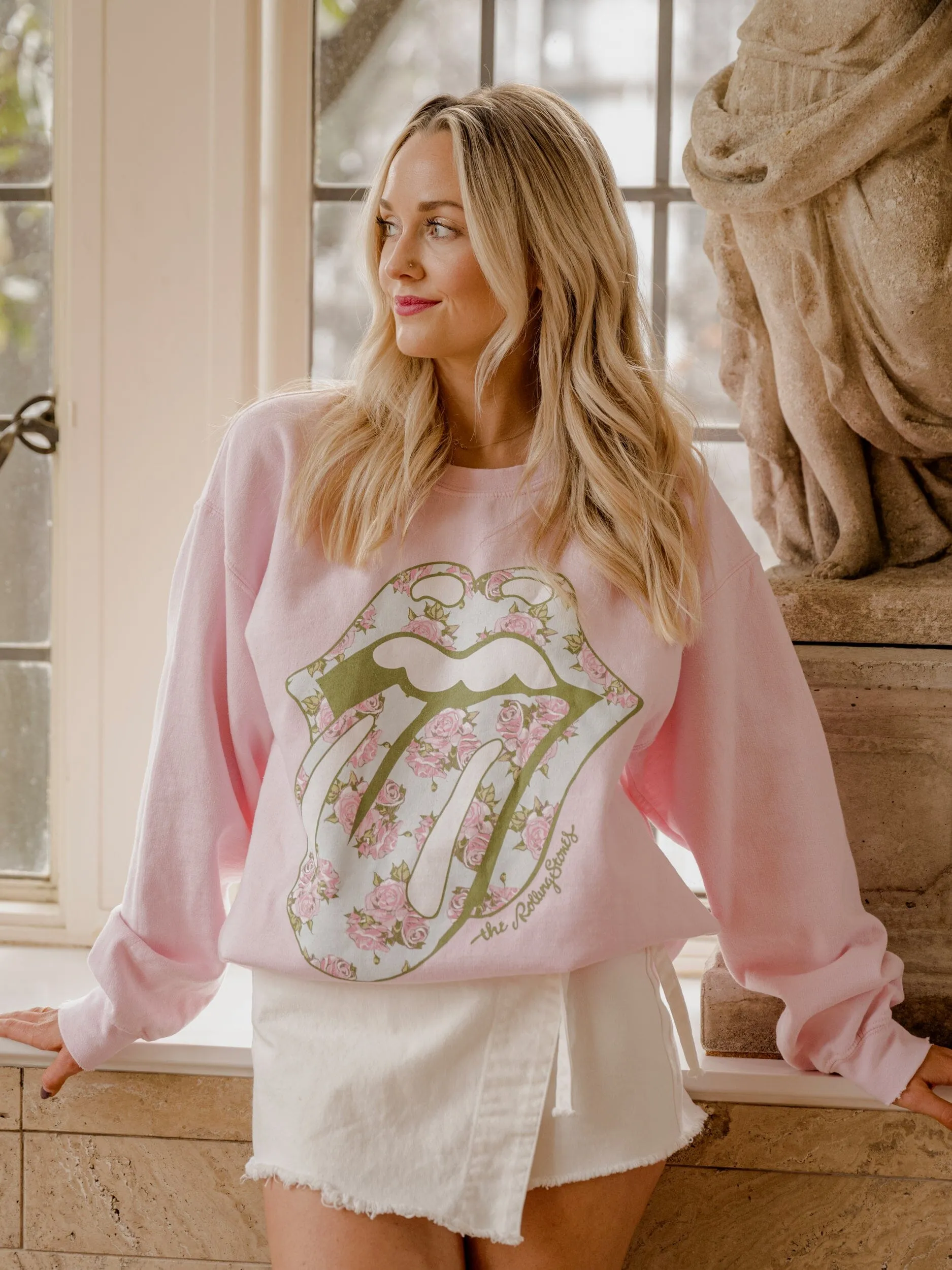 Rolling Stones Floral Lick Pink Thrifted Sweatshirt