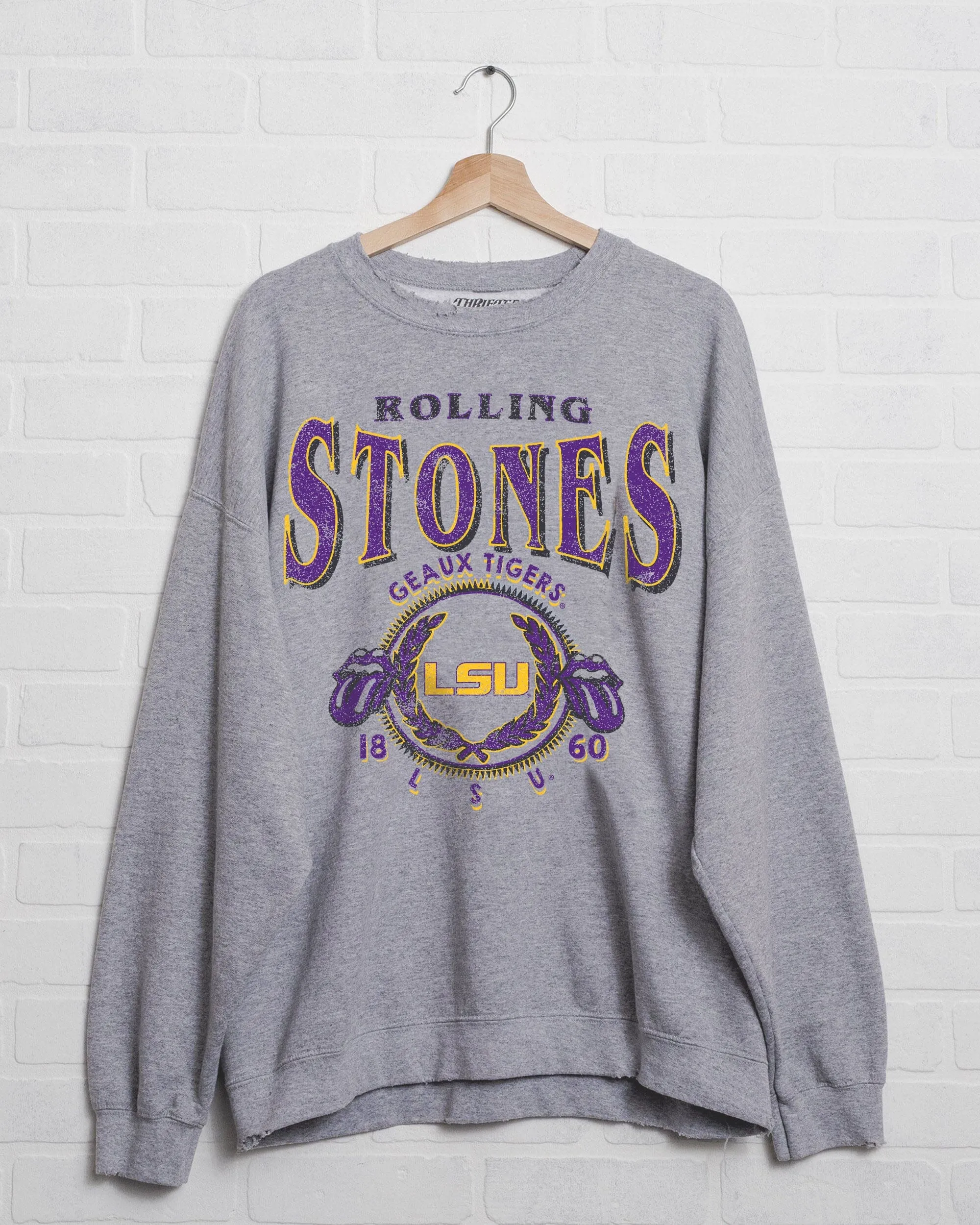 Rolling Stones LSU Tigers College Seal Gray Thrifted Sweatshirt