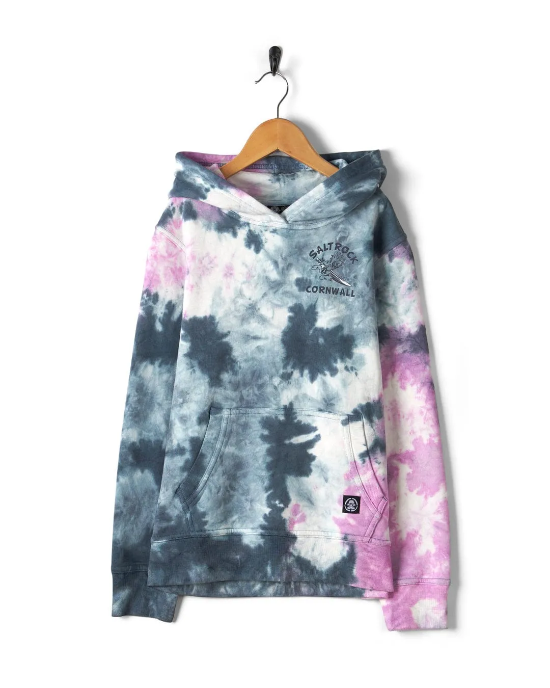 Wave Rider Cornwall - Kids Tie Dye Pop Hoodie - Pink/grey