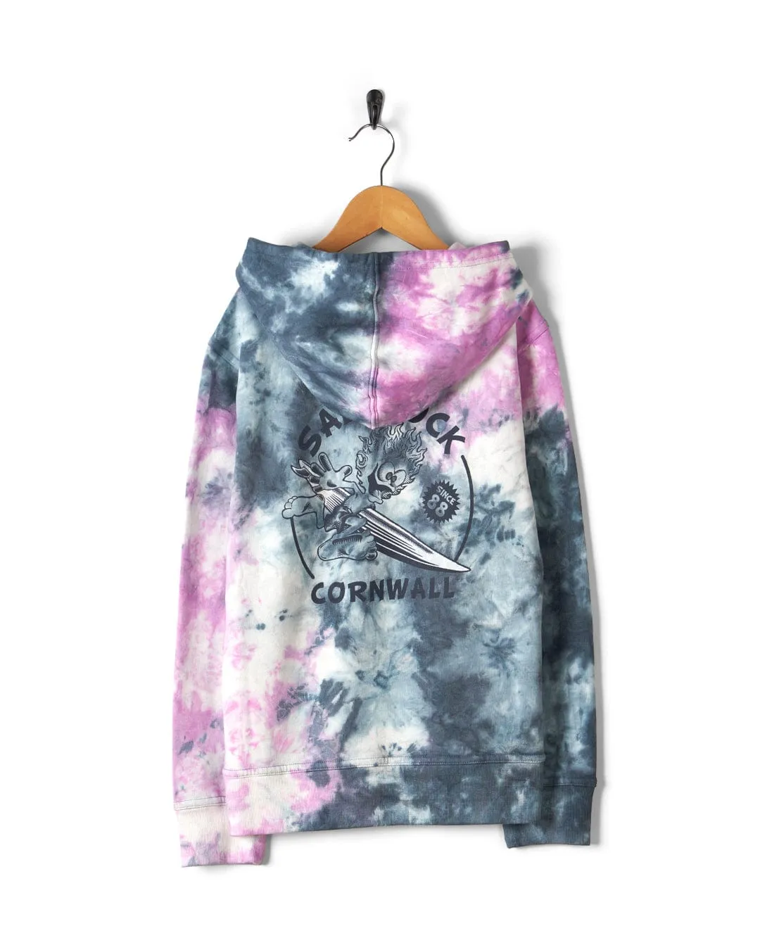 Wave Rider Cornwall - Kids Tie Dye Pop Hoodie - Pink/grey