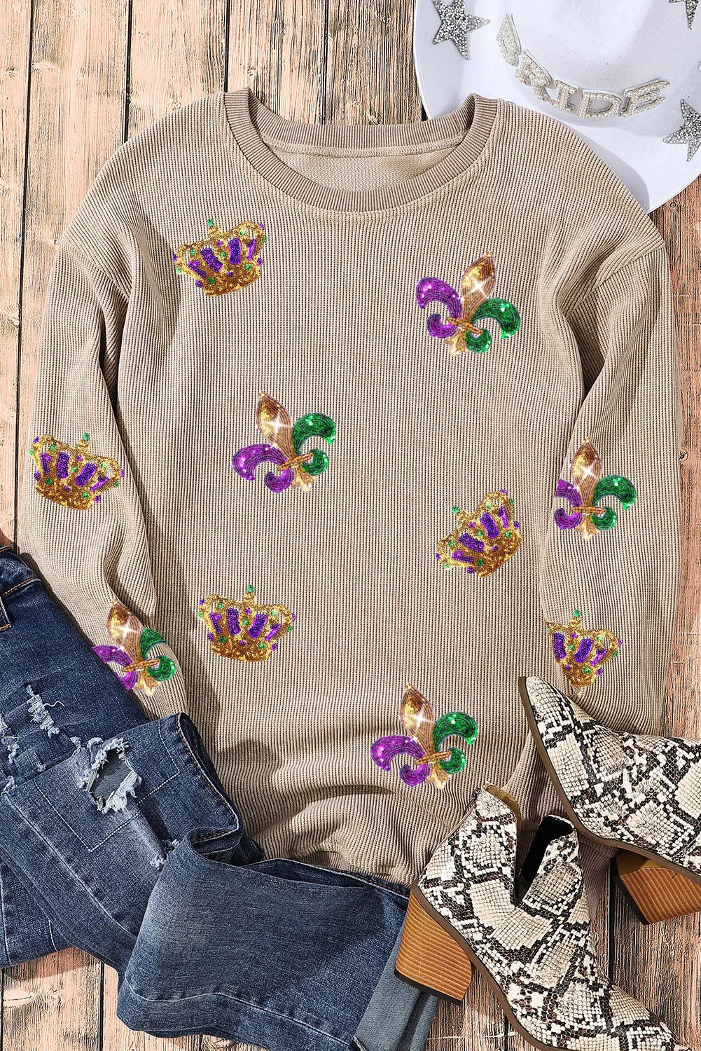 Women's Mardi Gras Sequin Crown Fleur De Lis Corded Sweatshirt