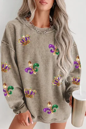 Women's Mardi Gras Sequin Crown Fleur De Lis Corded Sweatshirt