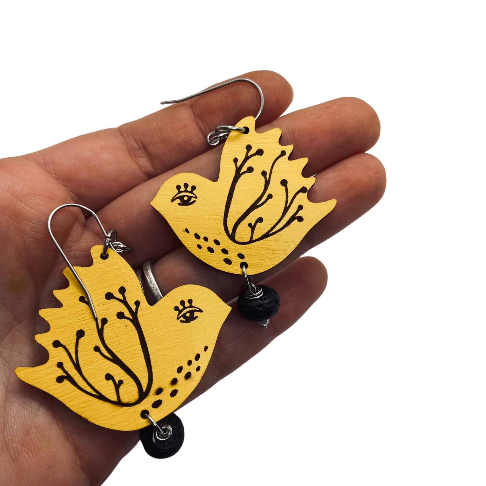 Yellow Bird Dangling Earrings, Lightweight Wooden earrings, Jewelry for Artistic Prople