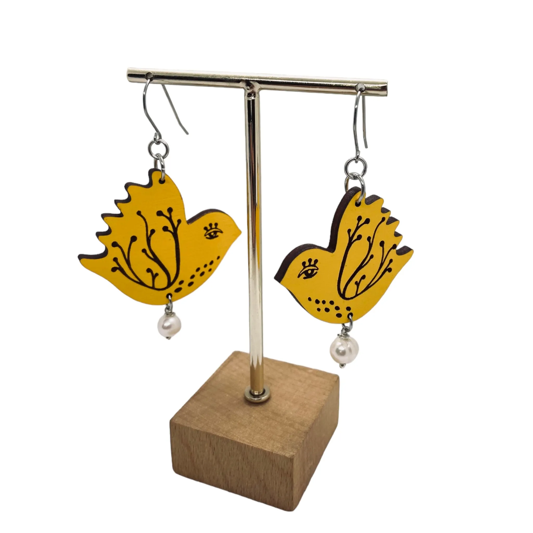 Yellow Bird Dangling Earrings, Lightweight Wooden earrings, Jewelry for Artistic Prople