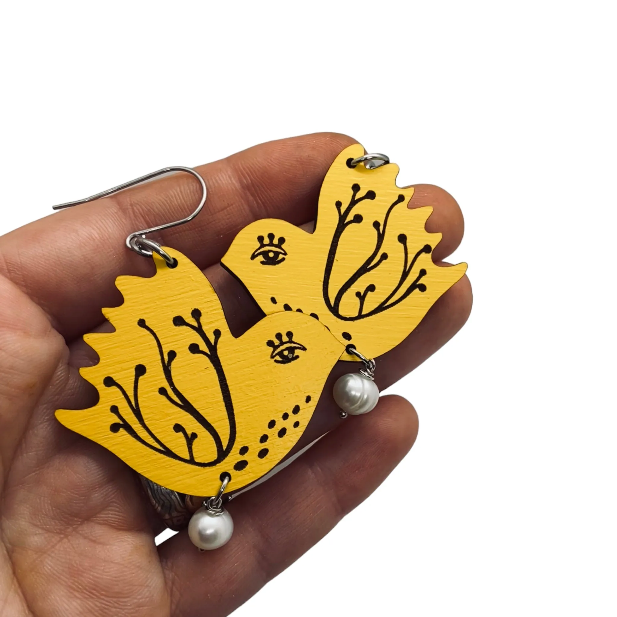 Yellow Bird Dangling Earrings, Lightweight Wooden earrings, Jewelry for Artistic Prople