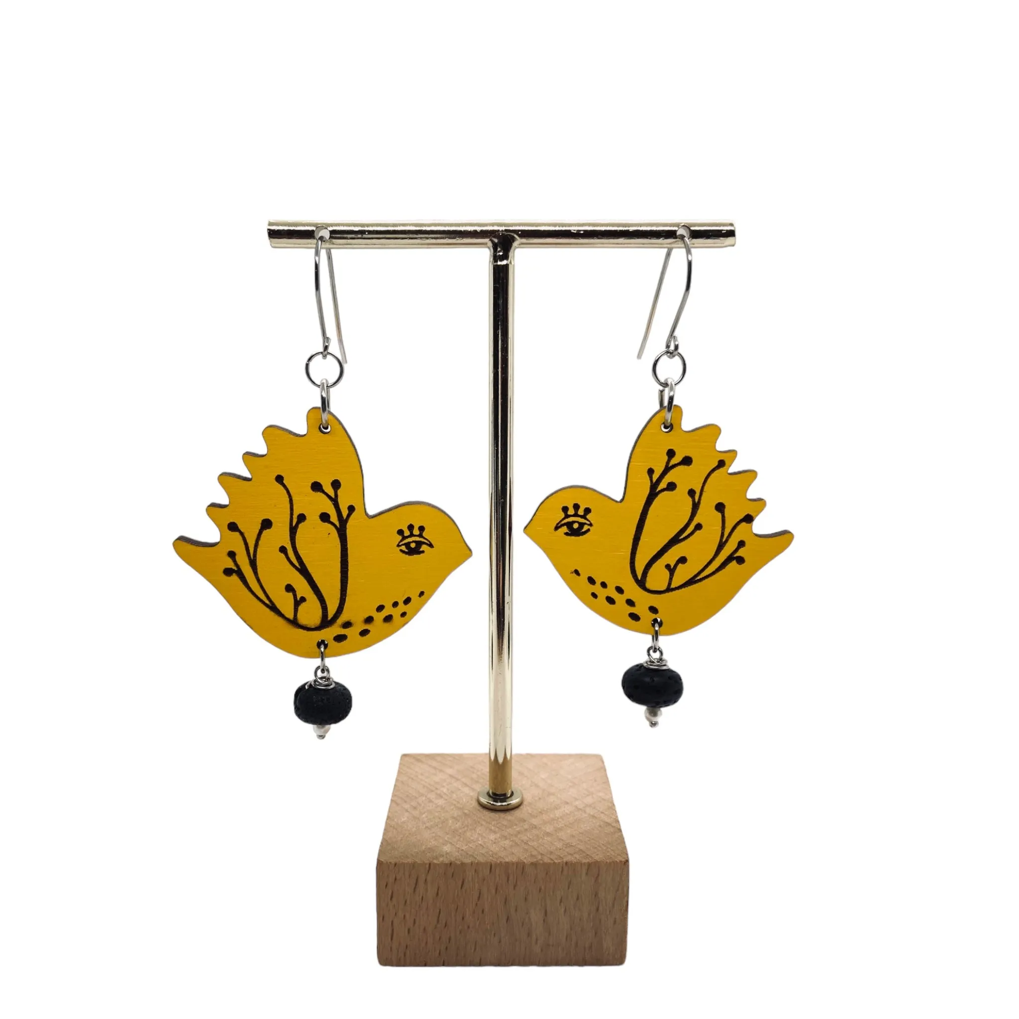 Yellow Bird Dangling Earrings, Lightweight Wooden earrings, Jewelry for Artistic Prople