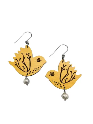 Yellow Bird Dangling Earrings, Lightweight Wooden earrings, Jewelry for Artistic Prople