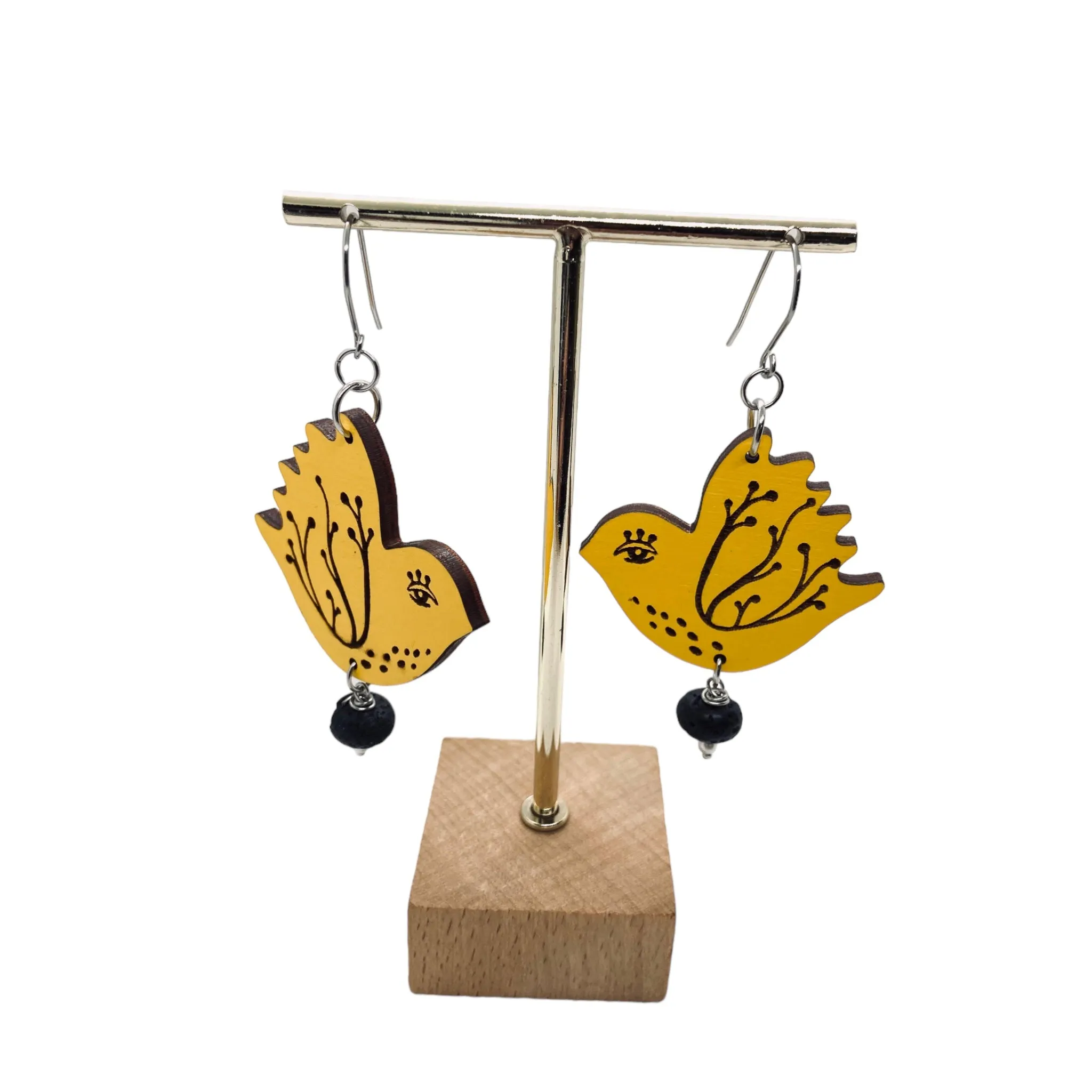 Yellow Bird Dangling Earrings, Lightweight Wooden earrings, Jewelry for Artistic Prople